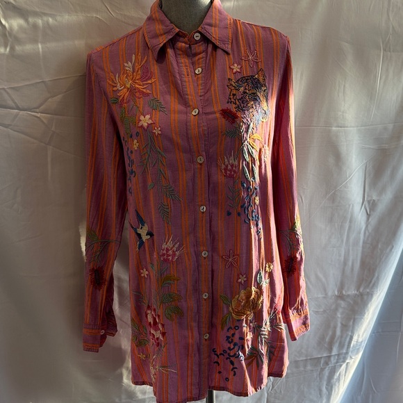 Johnny Was Tops - Johnny Was Workshop Stripe Indalo Button Down Shirt Tunic Top Boho Chic W28724